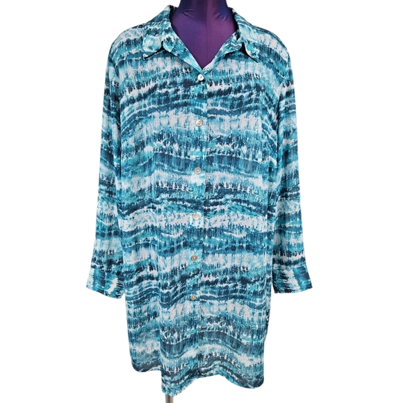 Belle Beach Teal & White Tie Dye Print Chiffon Button Front Cover-Up Size 1X S41 - Picture 10 of 10